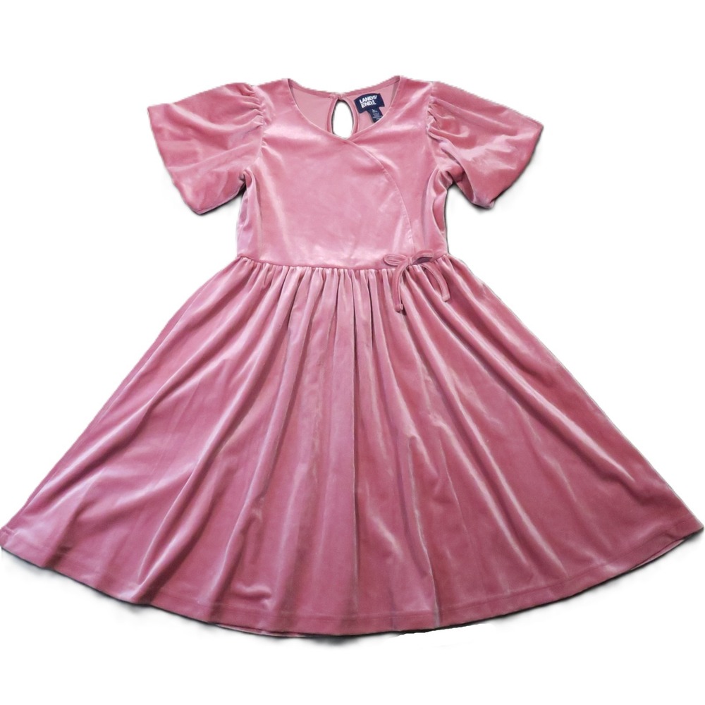 Lands End Velvet Wrap Dress Youth L 10-12 Pink Puff Sleeve Keyhole Holiday Party